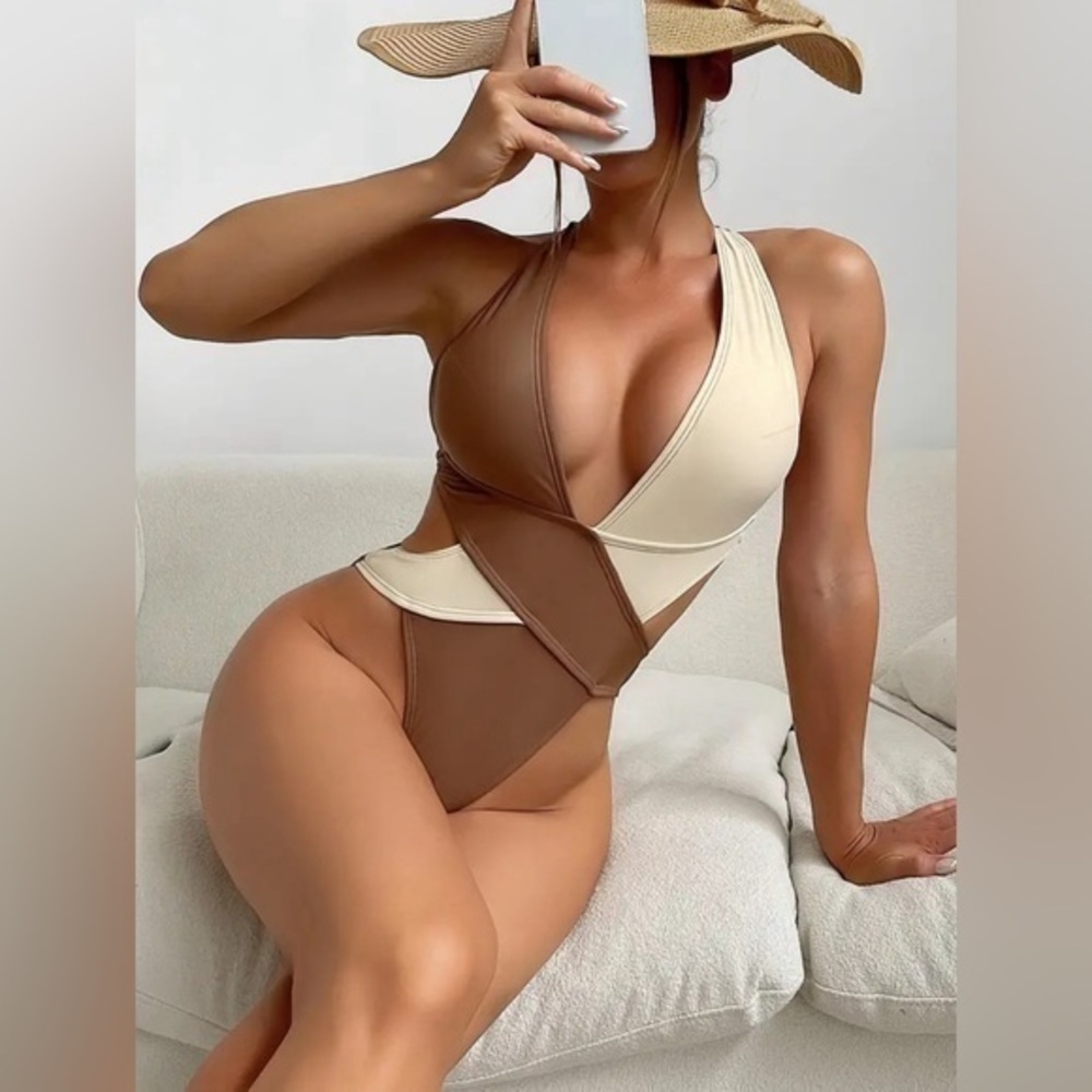Khaki Brown Color Block Swimsuit